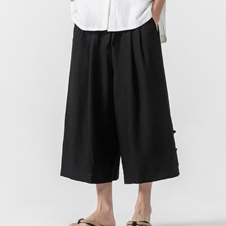 Buddha Stones Casual Loose Frog-Button Plain Men's Cotton 7-8 Length Wide Leg Pants With Pockets - image 18