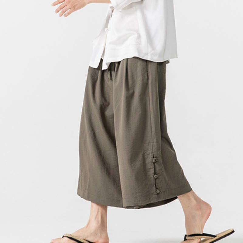 Buddha Stones Casual Loose Frog-Button Plain Men's Cotton 7-8 Length Wide Leg Pants With Pockets - image 28