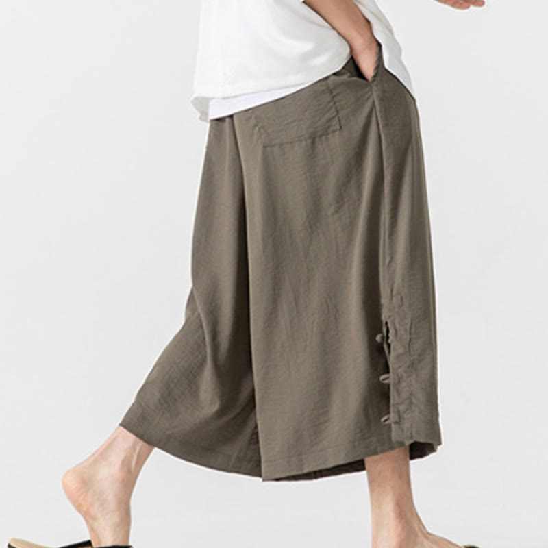 Buddha Stones Casual Loose Frog-Button Plain Men's Cotton 7-8 Length Wide Leg Pants With Pockets - image 29