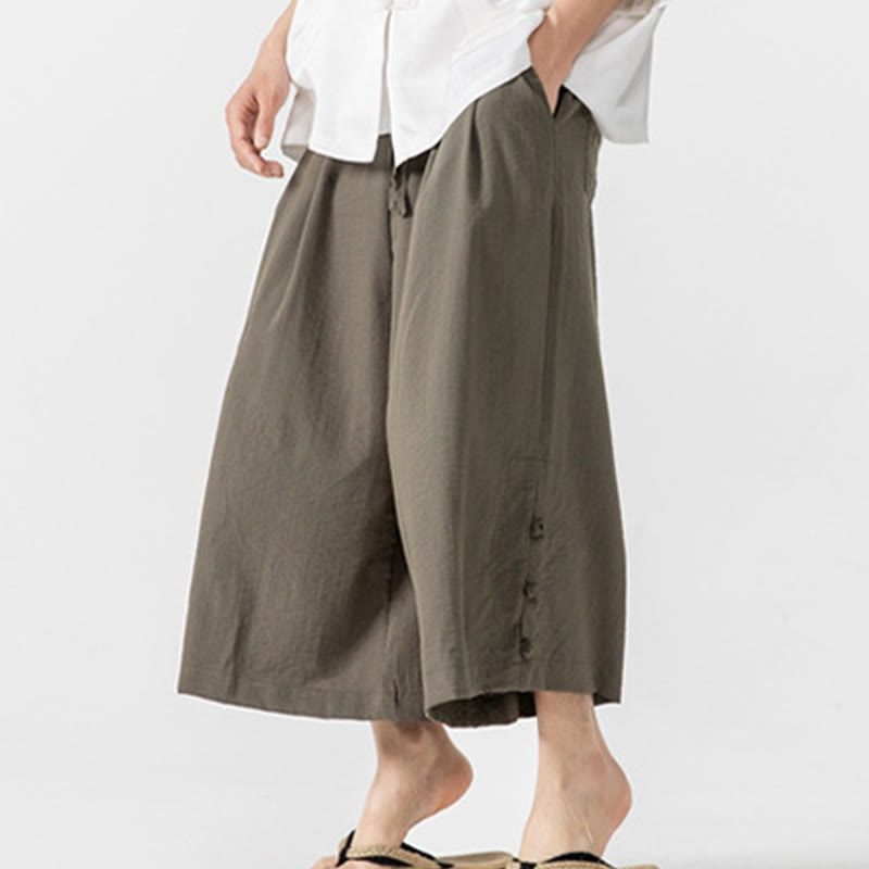 Buddha Stones Casual Loose Frog-Button Plain Men's Cotton 7-8 Length Wide Leg Pants With Pockets - Olive - US/UK/AU46，EU56 (5XL) - image 25