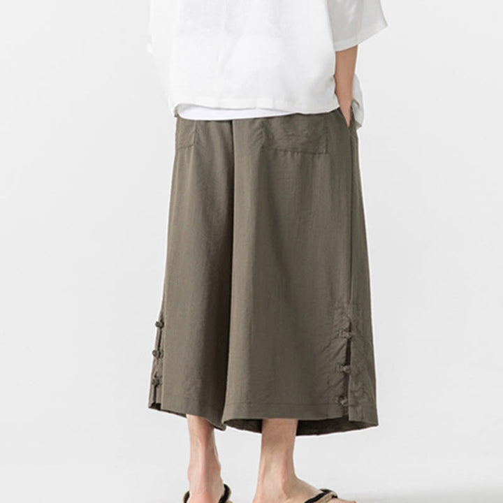 Buddha Stones Casual Loose Frog-Button Plain Men's Cotton 7-8 Length Wide Leg Pants With Pockets - image 30