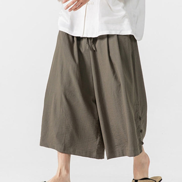 Buddha Stones Casual Loose Frog-Button Plain Men's Cotton 7-8 Length Wide Leg Pants With Pockets - image 26