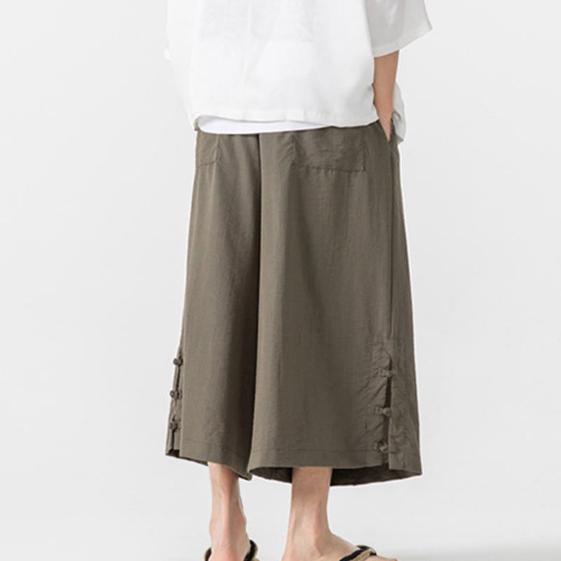 Buddha Stones Casual Loose Frog-Button Plain Men's Cotton 7-8 Length Wide Leg Pants With Pockets - image 29