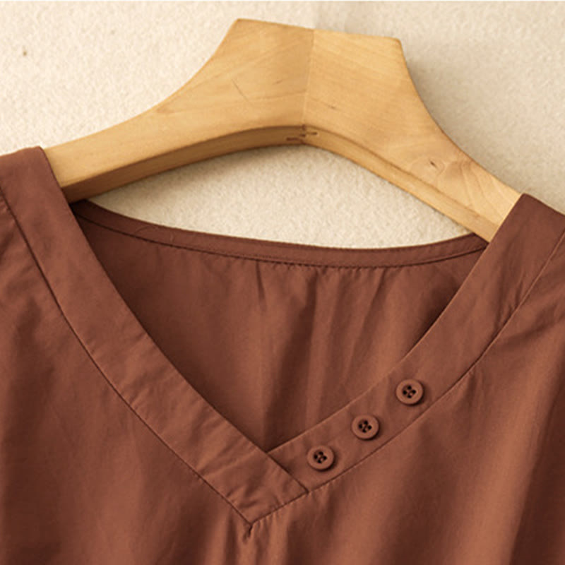 Buddha Stones Spring Plain V-neck Design Half Sleeve Cotton Linen Midi Dress With Pockets - image 3
