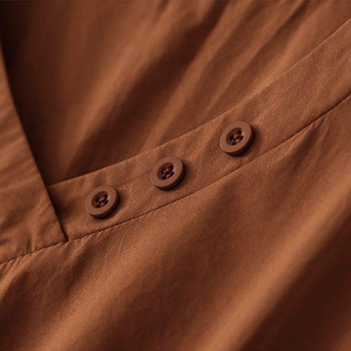 Buddha Stones Spring Plain V-neck Design Half Sleeve Cotton Linen Midi Dress With Pockets - image 4
