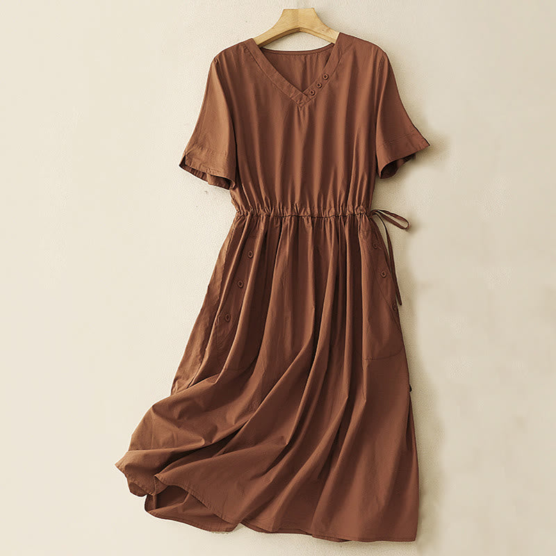 Buddha Stones Spring Plain V-neck Design Half Sleeve Cotton Linen Midi Dress With Pockets - Chocolate - US8-10，UK/AU12-14，EU40-42 (2XL) - image 1