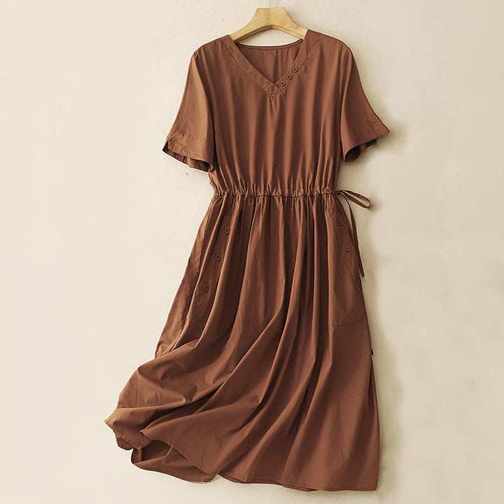 Buddha Stones Spring Plain V-neck Design Half Sleeve Cotton Linen Midi Dress With Pockets - Chocolate - US8-10，UK/AU12-14，EU40-42 (2XL) - image 1