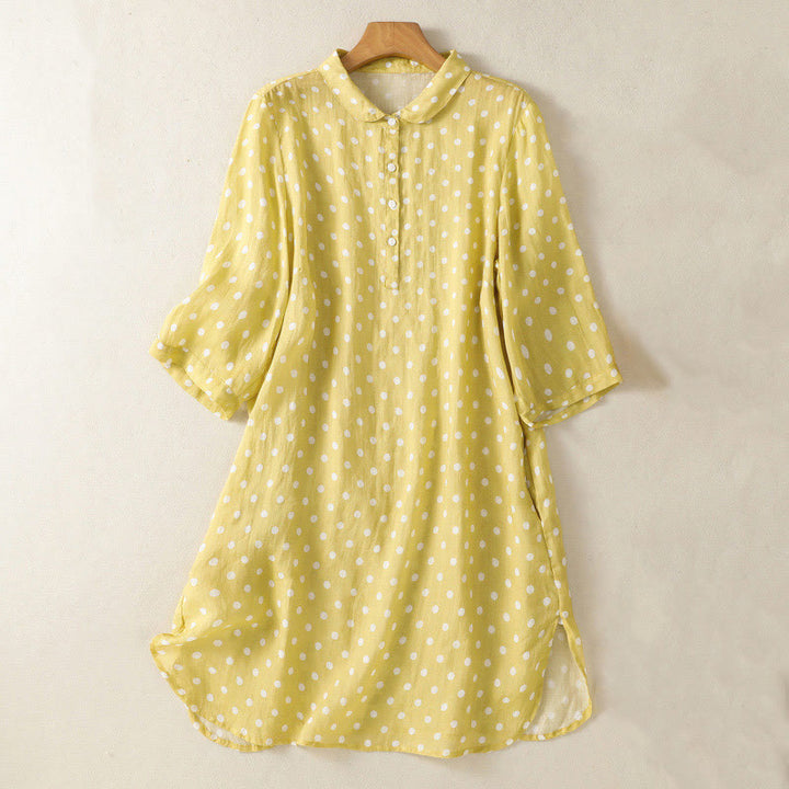 Buddha Stones Spring Polka Dot Button Stand Collar Polyester Midi Dress With Pockets - Khaki - US14，UK/AU18，EU46 (2XL) - image 0