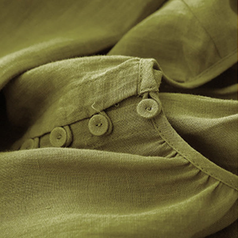 Buddha Stones Spring Plain Crew Neck Lace-up Half Sleeve Cotton Linen Midi Dress - image 9