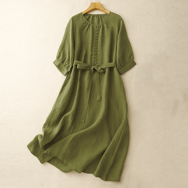 Buddha Stones Spring Plain Crew Neck Lace-up Half Sleeve Cotton Linen Midi Dress - OliveDrab - US14，UK/AU18，EU46 (2XL) - image 1