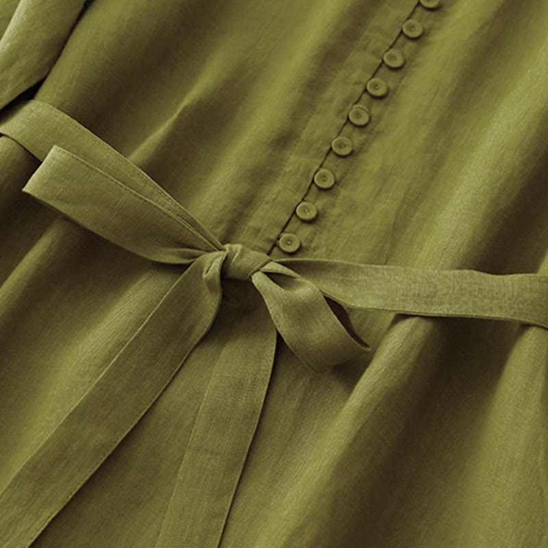 Buddha Stones Spring Plain Crew Neck Lace-up Half Sleeve Cotton Linen Midi Dress - image 5