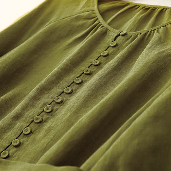 Buddha Stones Spring Plain Crew Neck Lace-up Half Sleeve Cotton Linen Midi Dress - image 5