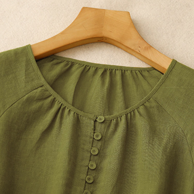 Buddha Stones Spring Plain Crew Neck Lace-up Half Sleeve Cotton Linen Midi Dress - image 3