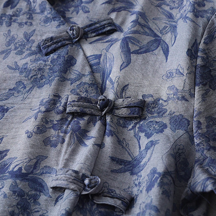 Buddha Stones Flower Leaf Print Frog-Button Half Sleeve Mandarin Collar Cotton Midi Dress - image 10