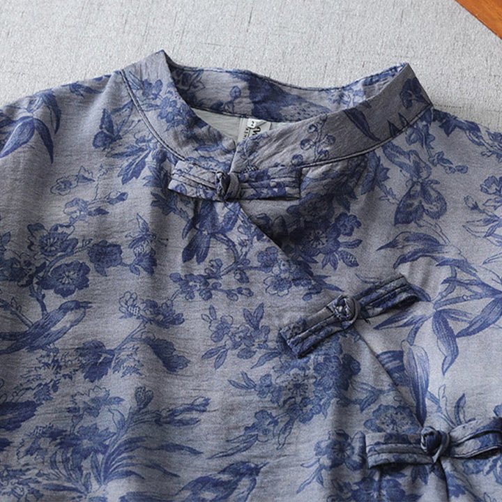 Buddha Stones Flower Leaf Print Frog-Button Half Sleeve Mandarin Collar Cotton Midi Dress - image 4