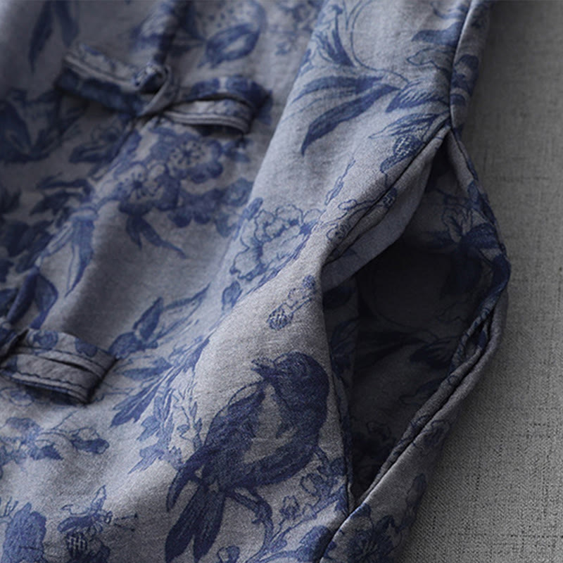 Buddha Stones Flower Leaf Print Frog-Button Half Sleeve Mandarin Collar Cotton Midi Dress - image 5