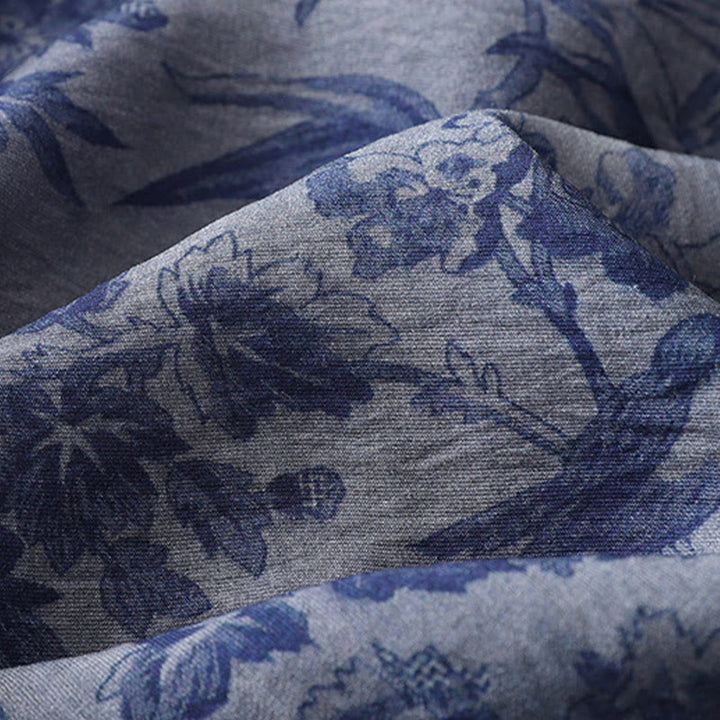 Buddha Stones Flower Leaf Print Frog-Button Half Sleeve Mandarin Collar Cotton Midi Dress - image 7