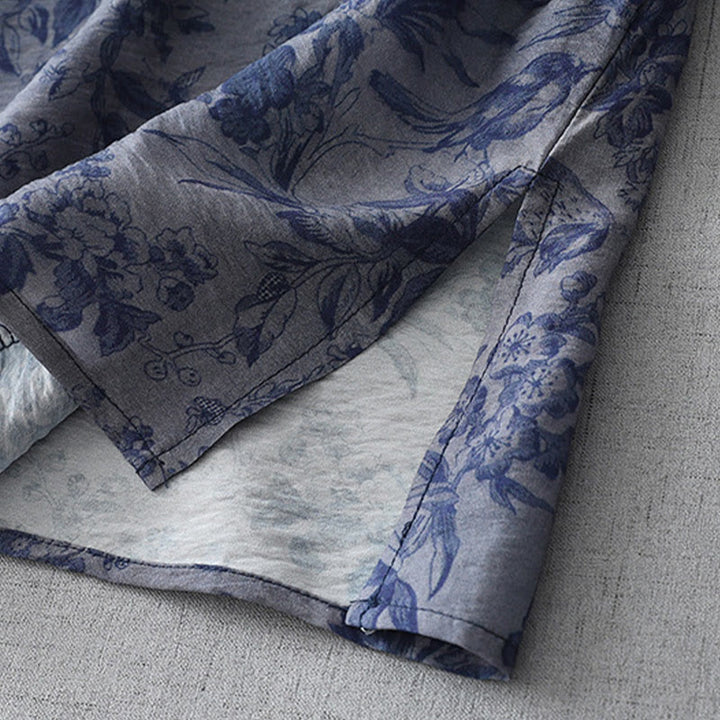 Buddha Stones Flower Leaf Print Frog-Button Half Sleeve Mandarin Collar Cotton Midi Dress - image 8