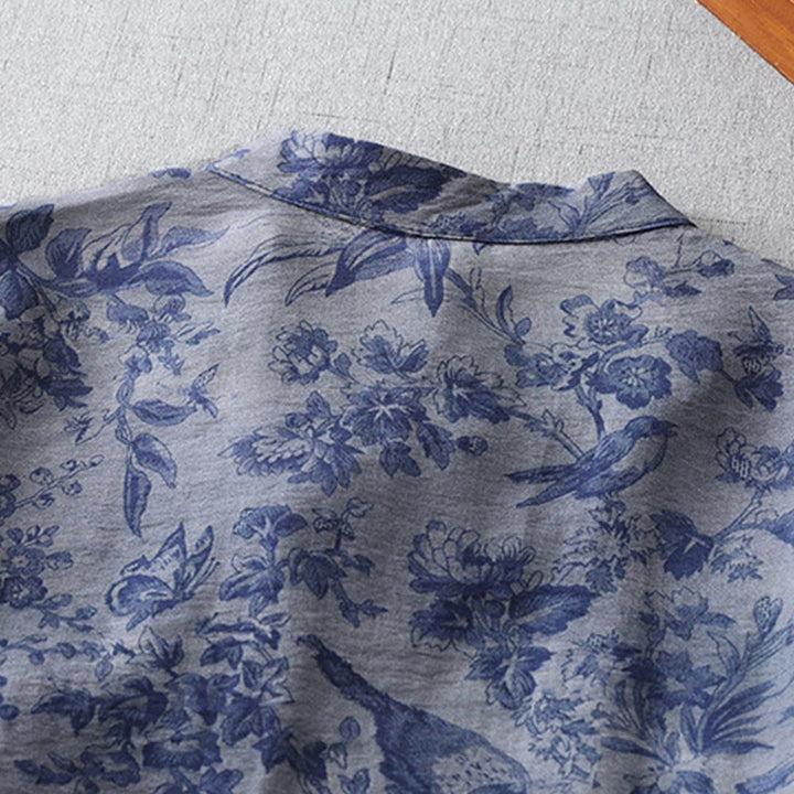 Buddha Stones Flower Leaf Print Frog-Button Half Sleeve Mandarin Collar Cotton Midi Dress - image 5