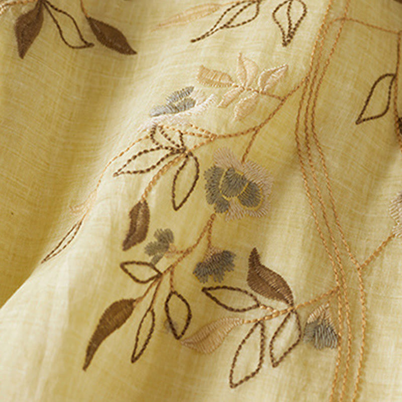 Buddha Stones Embroidered Leaf Crew Neck Half Sleeve Cotton Fiber Midi Dress - image 6