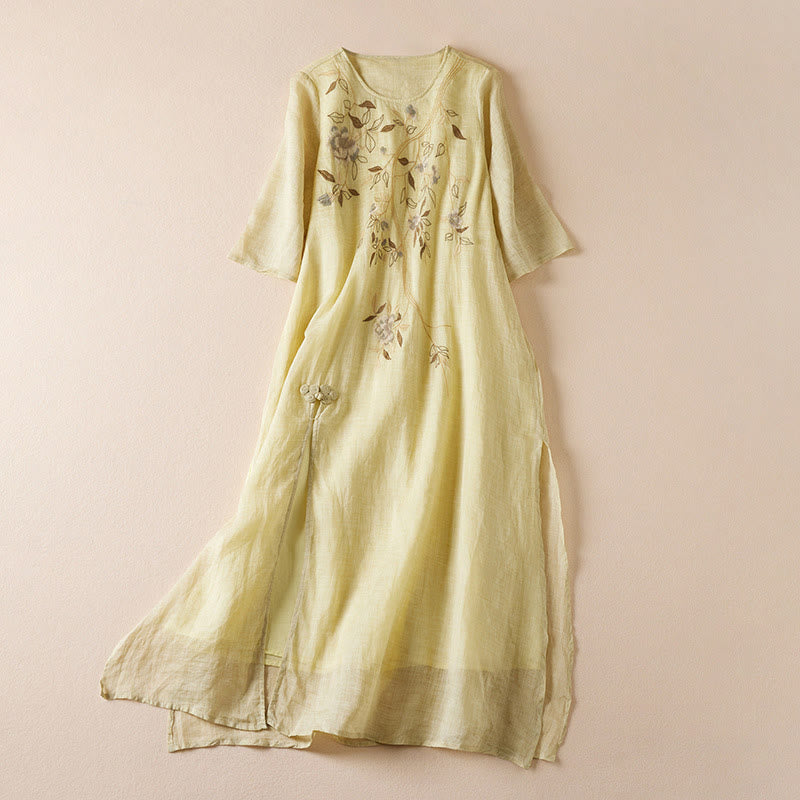 Buddha Stones Embroidered Leaf Crew Neck Half Sleeve Cotton Fiber Midi Dress - Khaki - US8-10，UK/AU12-14，EU40-42 (2XL) - image 1