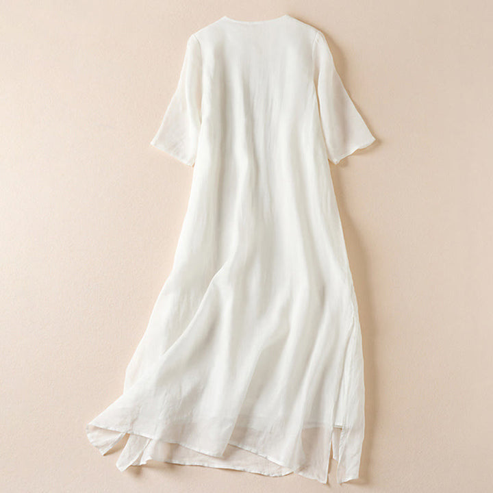 Buddha Stones Embroidered Leaf Crew Neck Half Sleeve Cotton Fiber Midi Dress - image 9