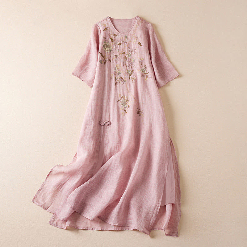 Buddha Stones Embroidered Leaf Crew Neck Half Sleeve Cotton Fiber Midi Dress - Pink - US8-10，UK/AU12-14，EU40-42 (2XL) - image 15