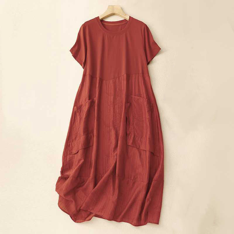 Buddha Stones Casual Plain Crew Neck Half Sleeve Viscose Fiber Midi Dress With Pockets - image 2