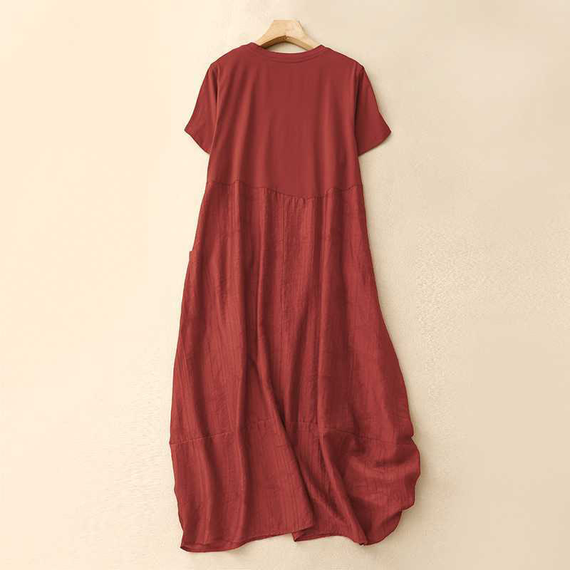Buddha Stones Casual Plain Crew Neck Half Sleeve Viscose Fiber Midi Dress With Pockets - FireBrick - US8-10，UK/AU12-14，EU40-42 (2XL) - image 1