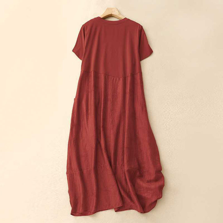 Buddha Stones Casual Plain Crew Neck Half Sleeve Viscose Fiber Midi Dress With Pockets - FireBrick - US8-10，UK/AU12-14，EU40-42 (2XL) - image 1