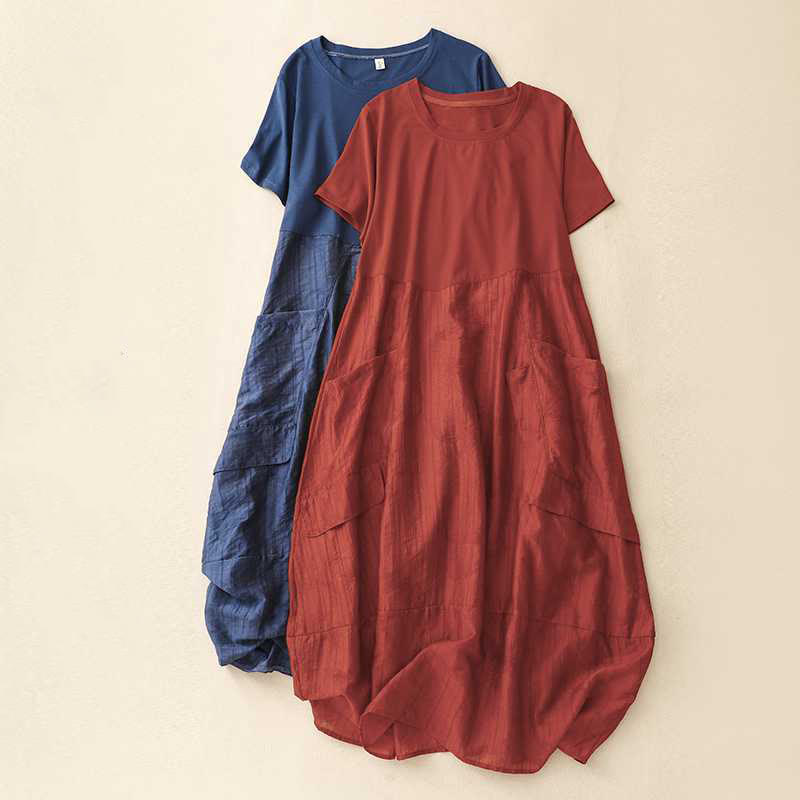 Buddha Stones Casual Plain Crew Neck Half Sleeve Viscose Fiber Midi Dress With Pockets - image 20