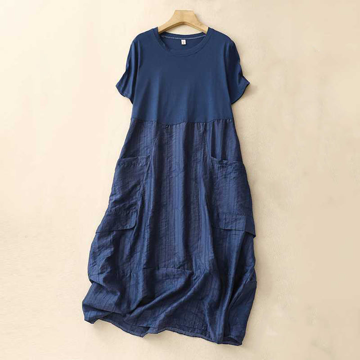 Buddha Stones Casual Plain Crew Neck Half Sleeve Viscose Fiber Midi Dress With Pockets - Navy - US8-10，UK/AU12-14，EU40-42 (2XL) - image 11