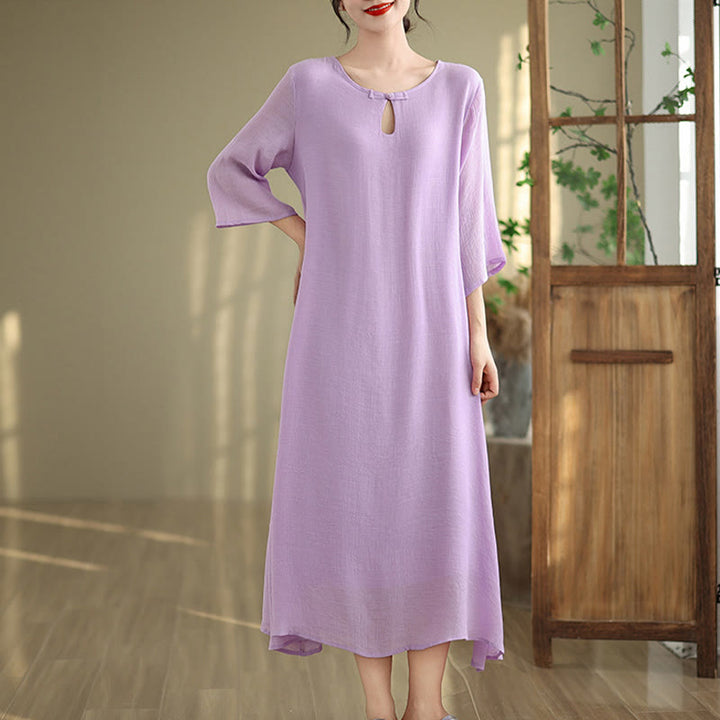 Buddha Stones Casual Plain Frog-Button Crew Neck Three Quarter Sleeve Cotton Midi Dress - image 4