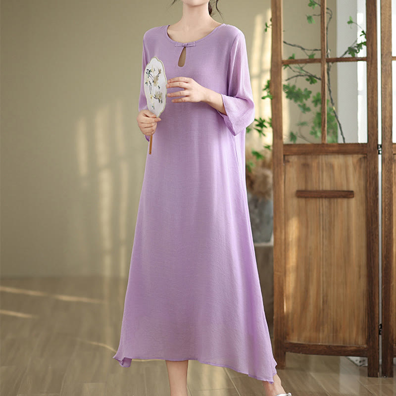 Buddha Stones Casual Plain Frog-Button Crew Neck Three Quarter Sleeve Cotton Midi Dress - Plum - US8-10，UK/AU12-14，EU40-42 (2XL) - image 1
