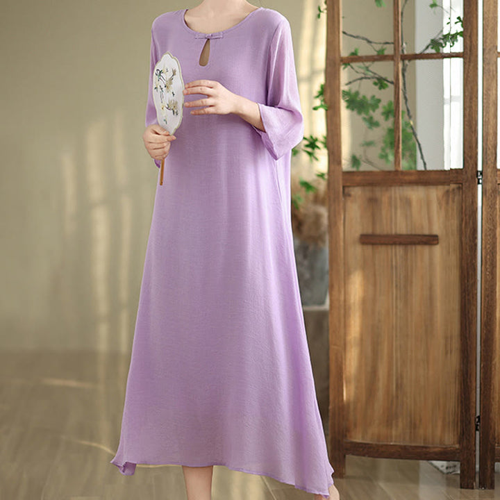 Buddha Stones Casual Plain Frog-Button Crew Neck Three Quarter Sleeve Cotton Midi Dress - image 6