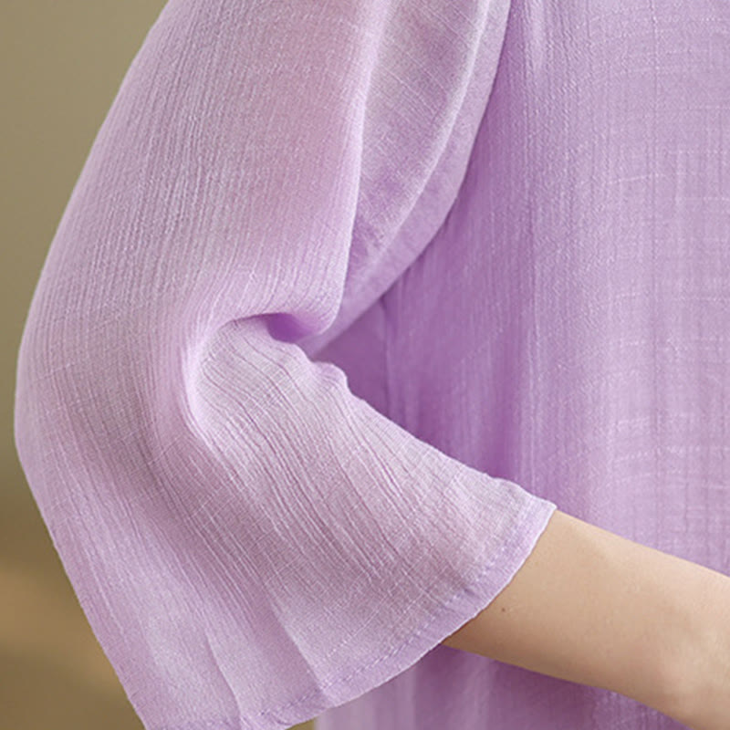 Buddha Stones Casual Plain Frog-Button Crew Neck Three Quarter Sleeve Cotton Midi Dress - image 12