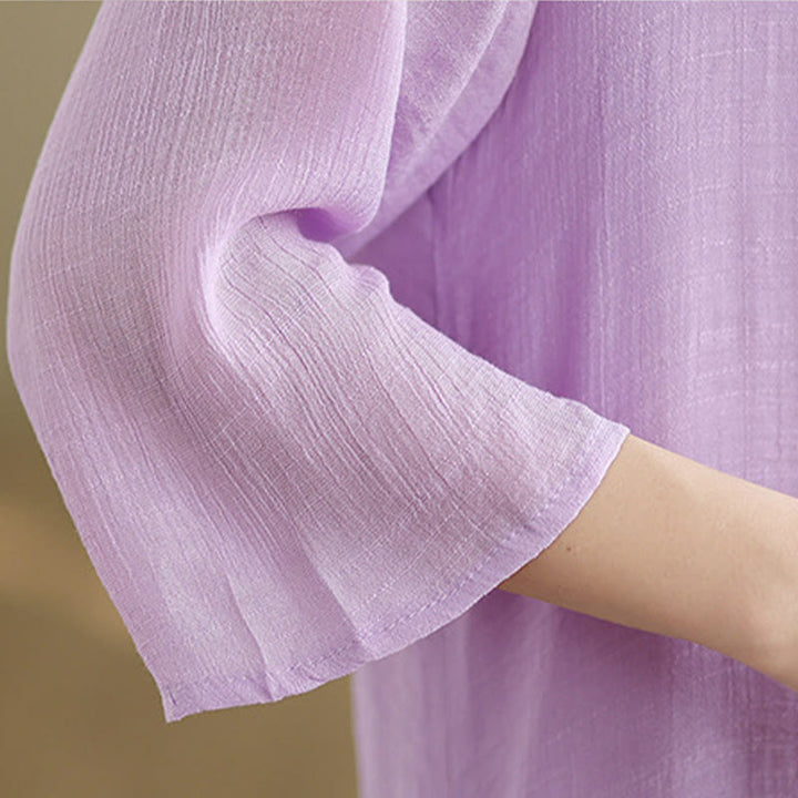 Buddha Stones Casual Plain Frog-Button Crew Neck Three Quarter Sleeve Cotton Midi Dress - image 10