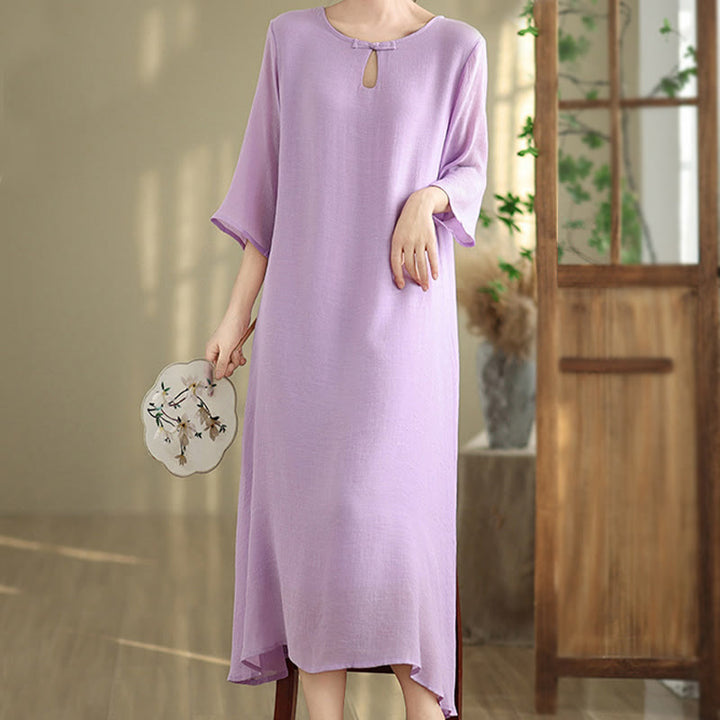 Buddha Stones Casual Plain Frog-Button Crew Neck Three Quarter Sleeve Cotton Midi Dress - image 4