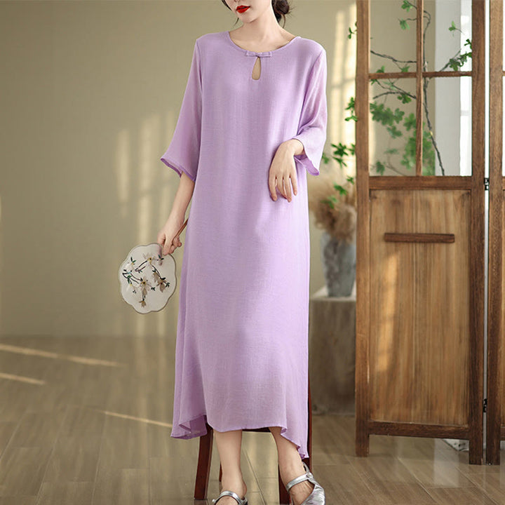 Buddha Stones Casual Plain Frog-Button Crew Neck Three Quarter Sleeve Cotton Midi Dress - image 3