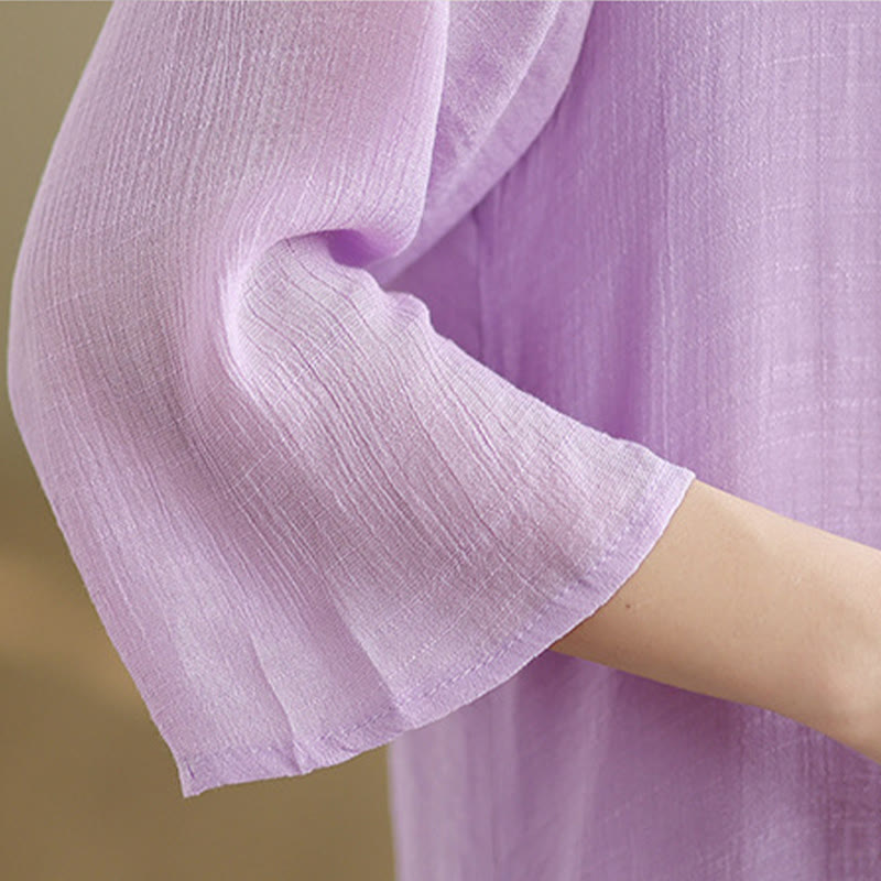 Buddha Stones Casual Plain Frog-Button Crew Neck Three Quarter Sleeve Cotton Midi Dress - image 9