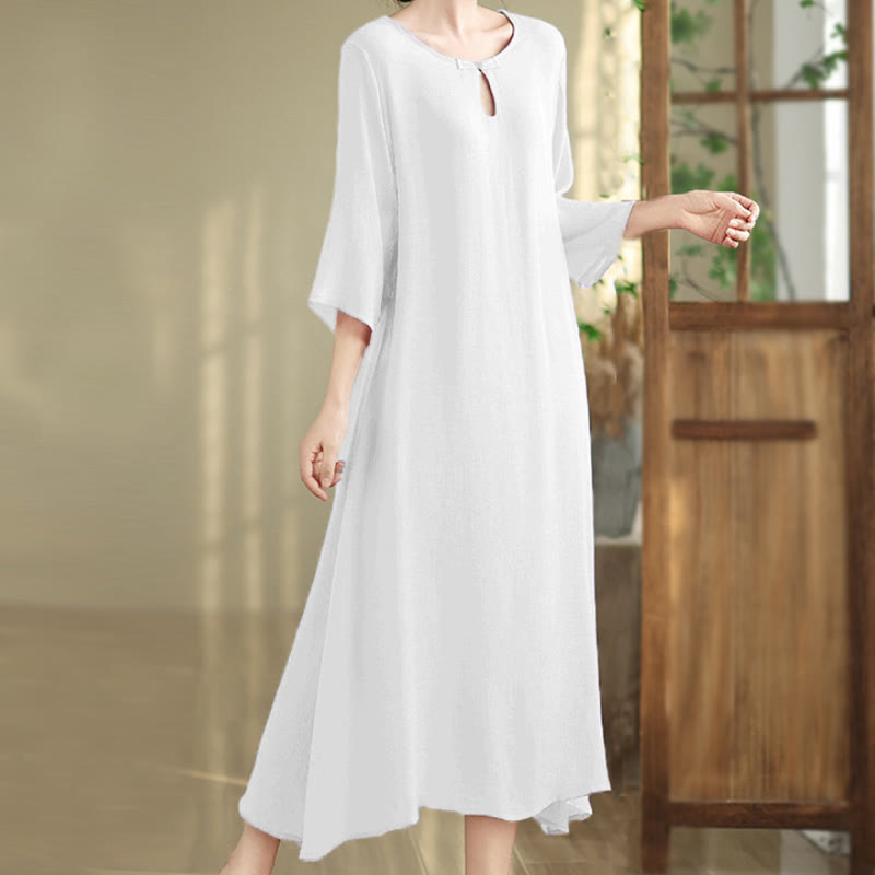Buddha Stones Casual Plain Frog-Button Crew Neck Three Quarter Sleeve Cotton Midi Dress - White - US8-10，UK/AU12-14，EU40-42 (2XL) - image 15