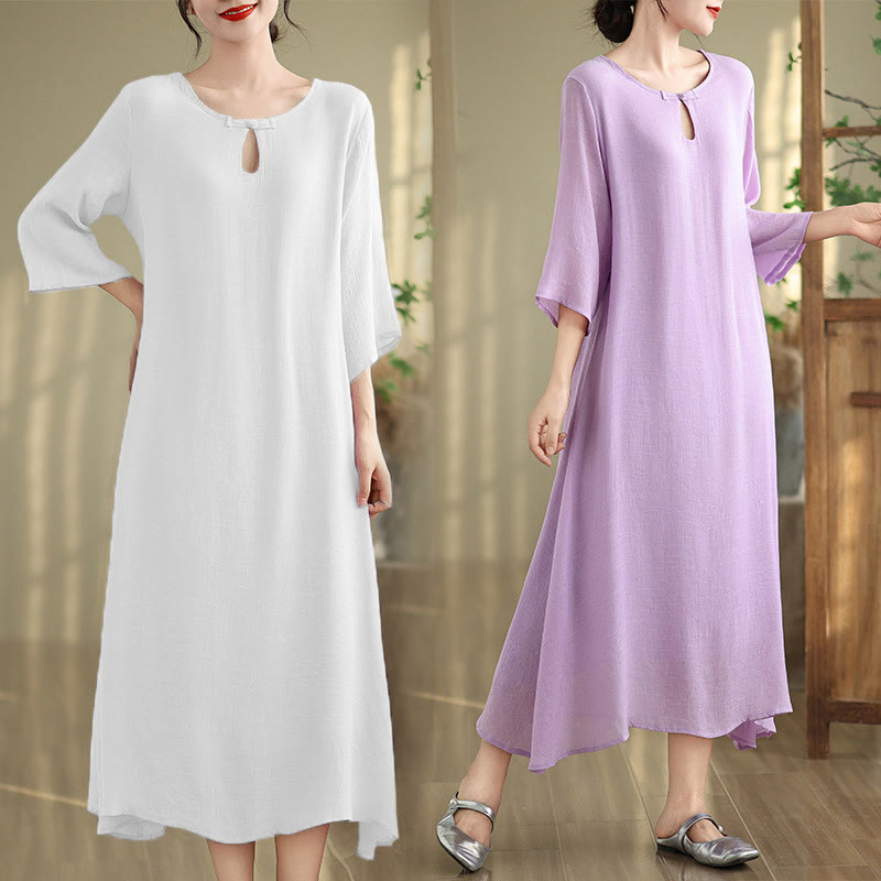 Buddha Stones Casual Plain Frog-Button Crew Neck Three Quarter Sleeve Cotton Midi Dress - image 18