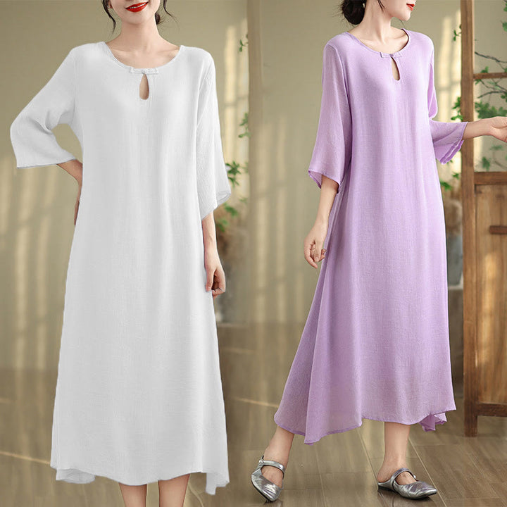 Buddha Stones Casual Plain Frog-Button Crew Neck Three Quarter Sleeve Cotton Midi Dress - image 18