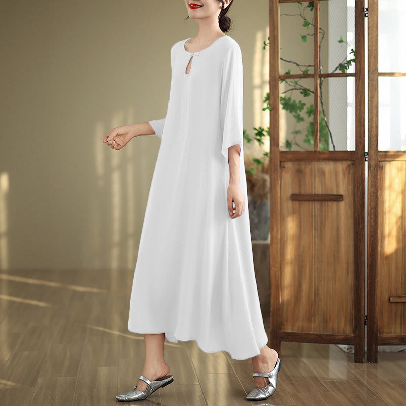 Buddha Stones Casual Plain Frog-Button Crew Neck Three Quarter Sleeve Cotton Midi Dress - image 17