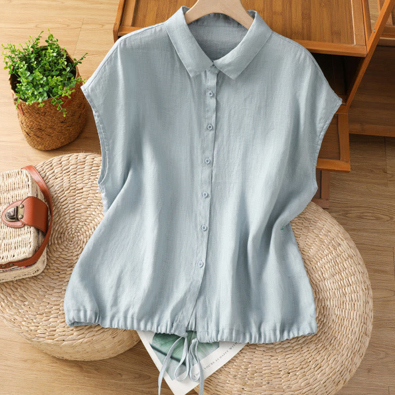 Buddha Stones Summer Plain Color Button Short Sleeve Women's Cotton Shirt - LightBlue - US14，UK/AU18，EU46 (2XL) - image 1