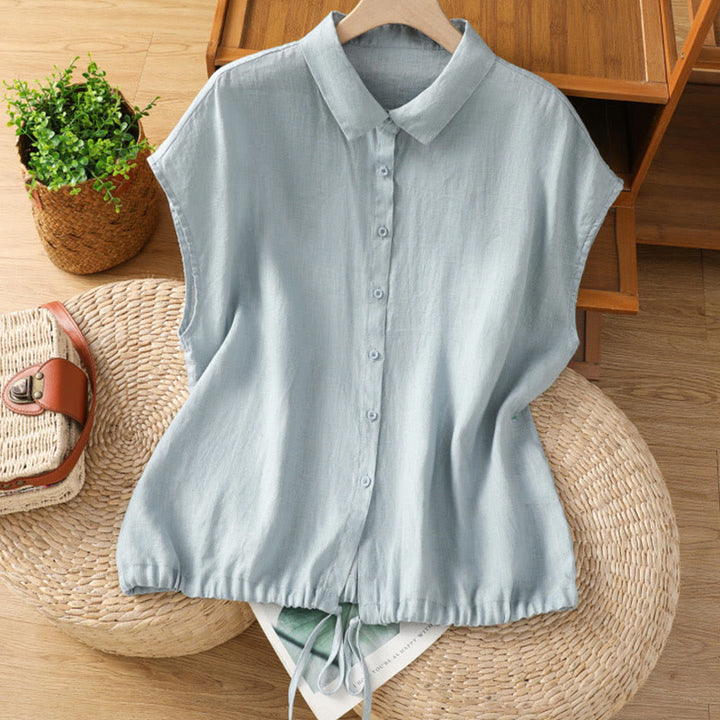 Buddha Stones Summer Plain Color Button Short Sleeve Women's Cotton Shirt - LightBlue - US14，UK/AU18，EU46 (2XL) - image 1