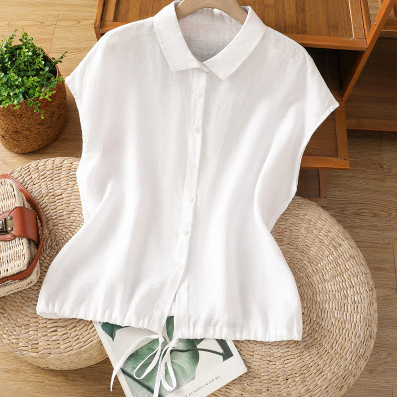 Buddha Stones Summer Plain Color Button Short Sleeve Women's Cotton Shirt - White - US14，UK/AU18，EU46 (2XL) - image 9