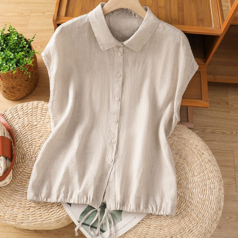 Buddha Stones Summer Plain Color Button Short Sleeve Women's Cotton Shirt - Linen - US14，UK/AU18，EU46 (2XL) - image 23