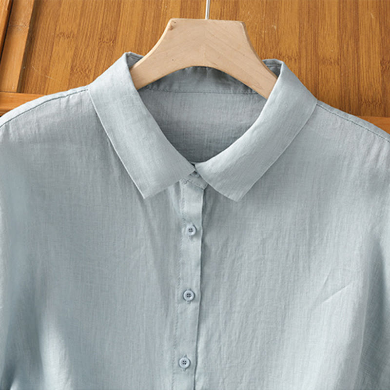 Buddha Stones Summer Plain Color Button Short Sleeve Women's Cotton Shirt - image 5