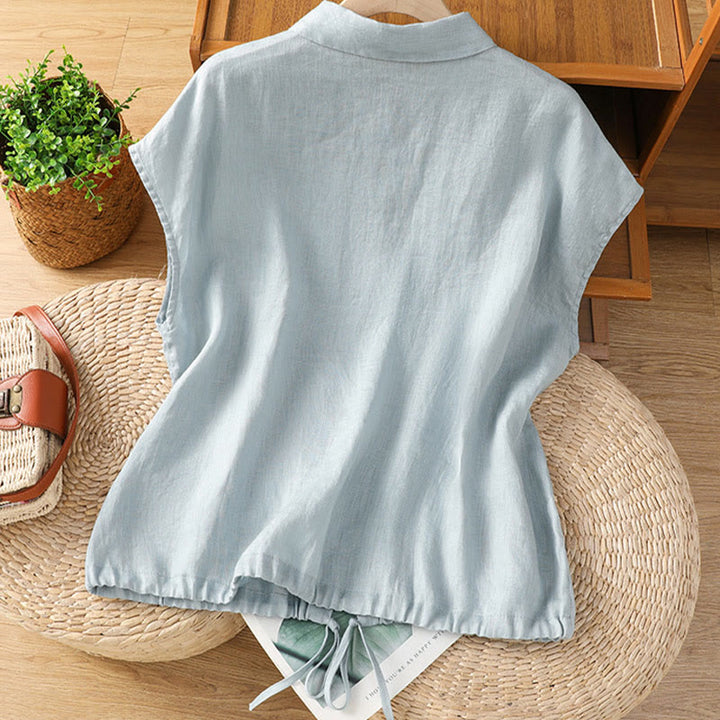 Buddha Stones Summer Plain Color Button Short Sleeve Women's Cotton Shirt - image 4